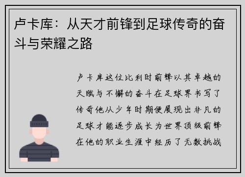 卢卡库：从天才前锋到足球传奇的奋斗与荣耀之路
